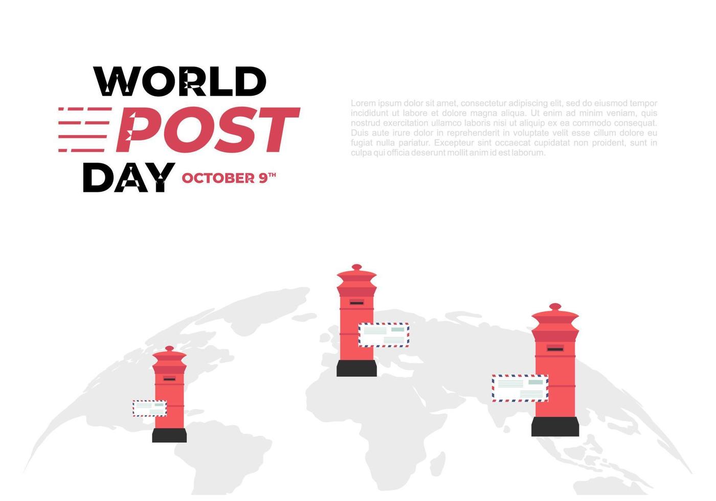 día mundial del correo con caja roja y mapa de la tierra celebrado el 9 de octubre. vector