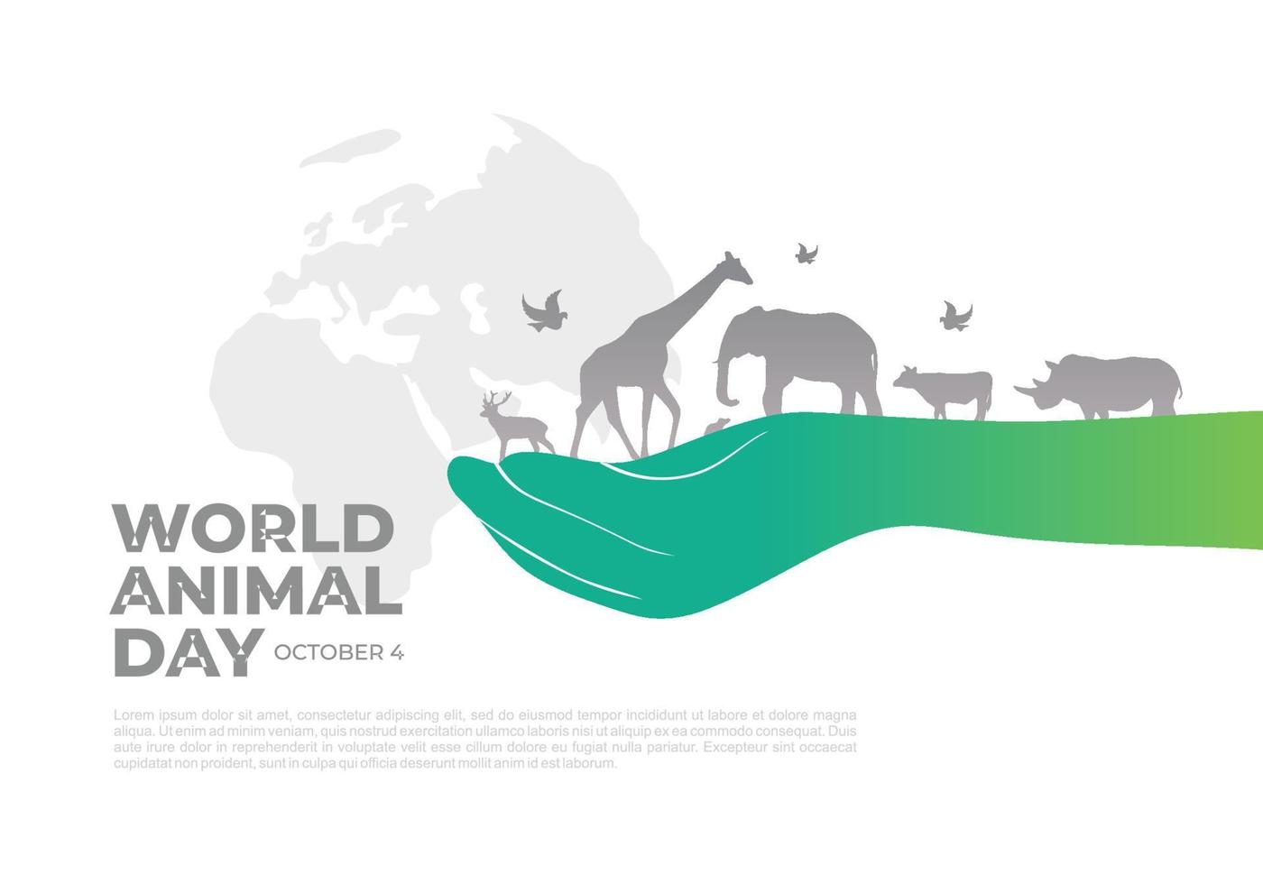 día mundial de los animales con mapa mundial y animal a mano el 4 de octubre. vector