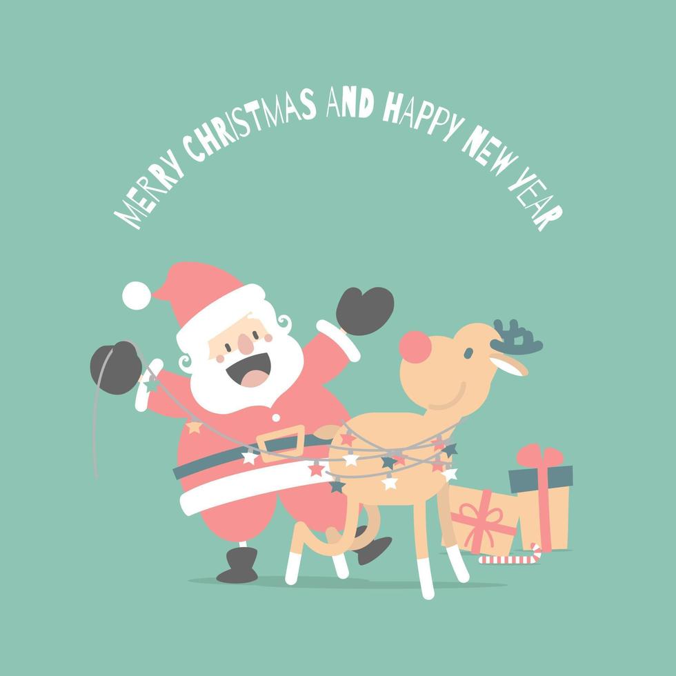 merry christmas and happy new year with cute santa claus and reindeer in the winter season, flat vector illustration cartoon character costume design