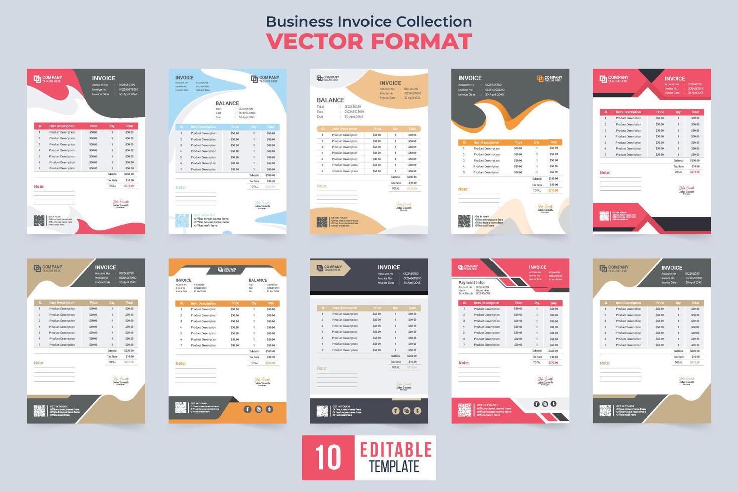 factura comercial creativa y paquete de vales de precio con colores rojo y naranja. papelería comercial y cobro de recibos de efectivo con formas abstractas. conjunto de plantillas de factura profesional para oficina. vector