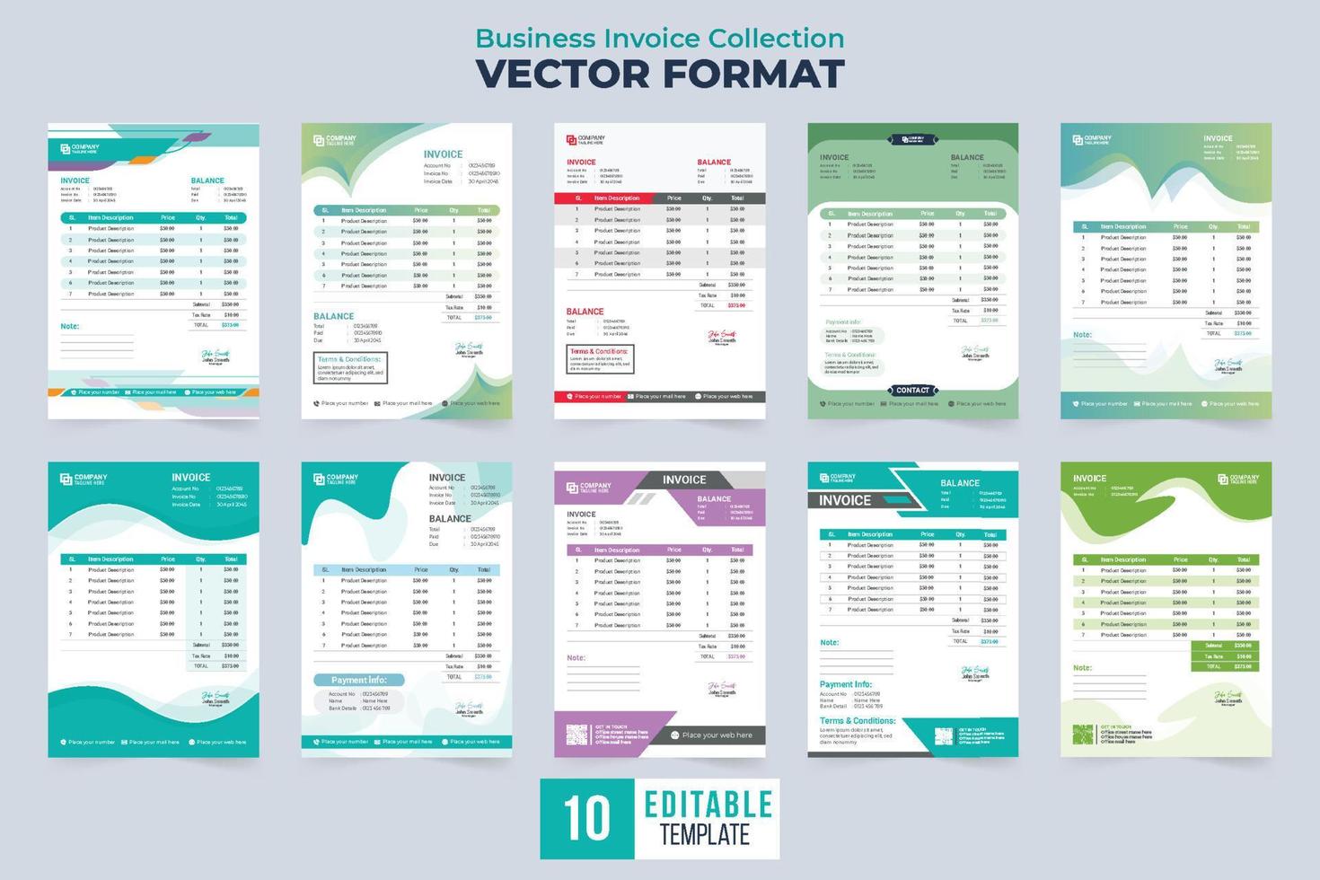 Business invoice template collection with abstract shapes. Creative invoice template set and price receipt vector. Payment agreement and invoice template bundle. Minimalist payment receipt template. vector