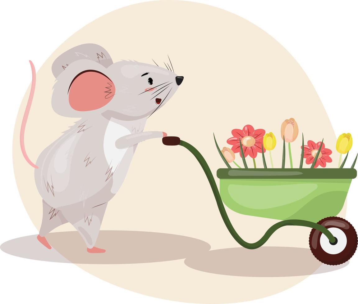 lindo ratón pequeño con una carretilla y flores en una ilustración plana de dibujos animados. vector