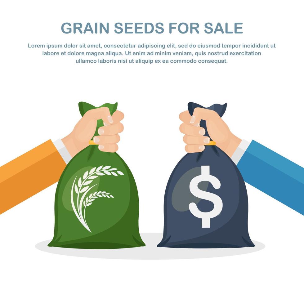 Businessman hands hold bags of money, grain Sale crops, Buy grain. Agricultural income, Agribusiness vector