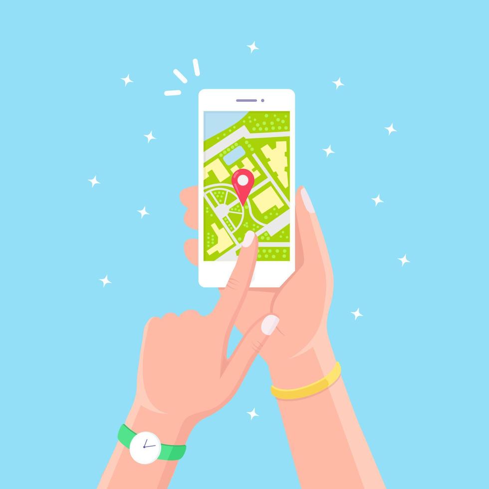 Smartphone with gps navigation app, tracking. Mobile phone with map application vector