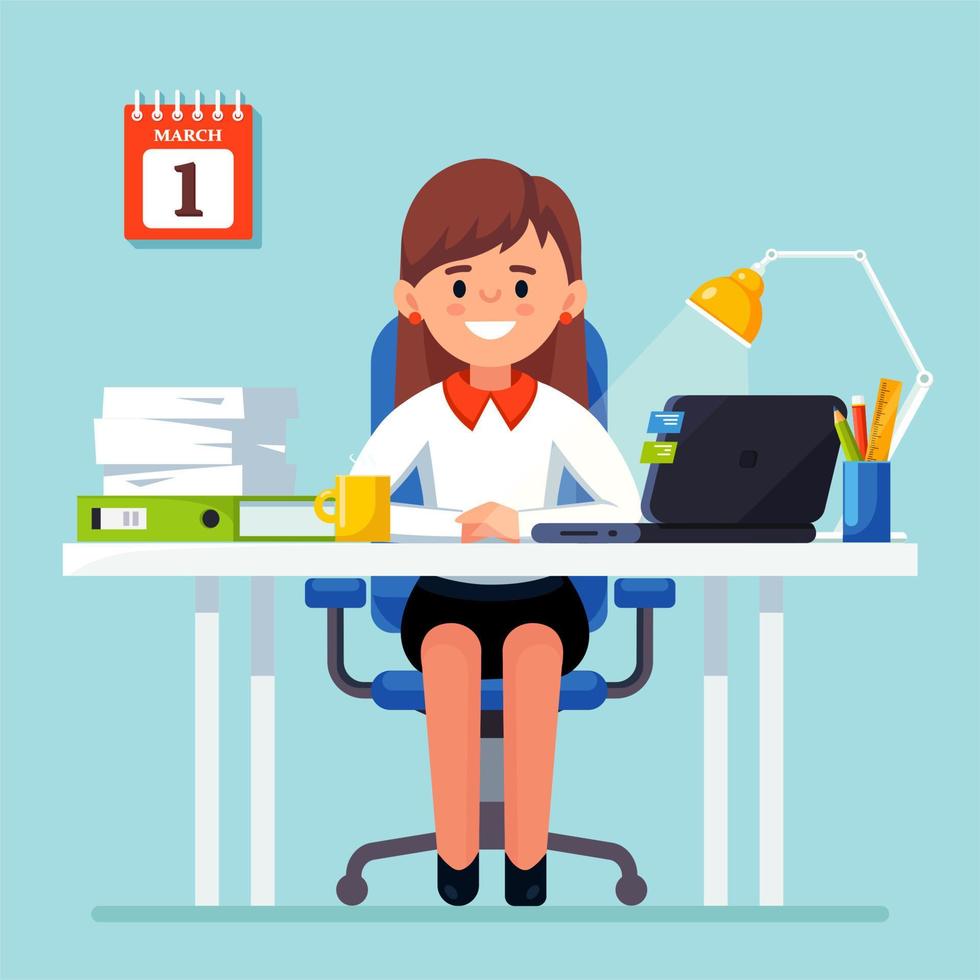 Business woman working at desk. Office interior with computer, laptop, documents, table lamp, coffee. Manager sitting on chair. Workplace for worker, employee vector