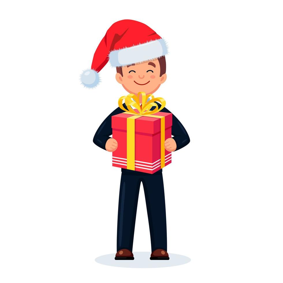 Man hold wrapped gift boxes, presents with ribbon in hand. Surprise for holiday. Merry christmas, new year concept. Xmas sale vector