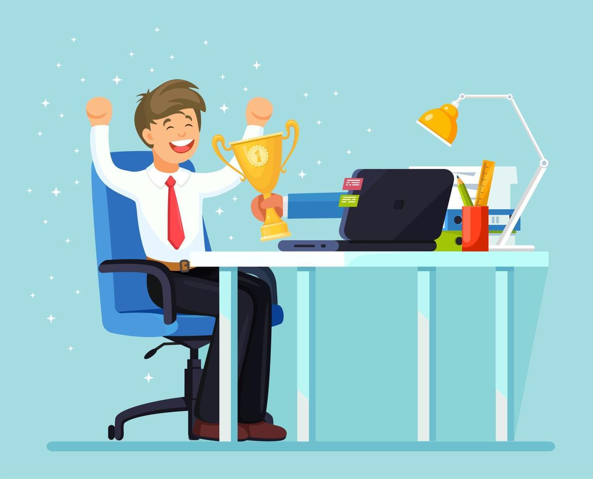 Businessman holds out a golden cup from a monitor to a happy office worker. Award, trophy in the online contest vector