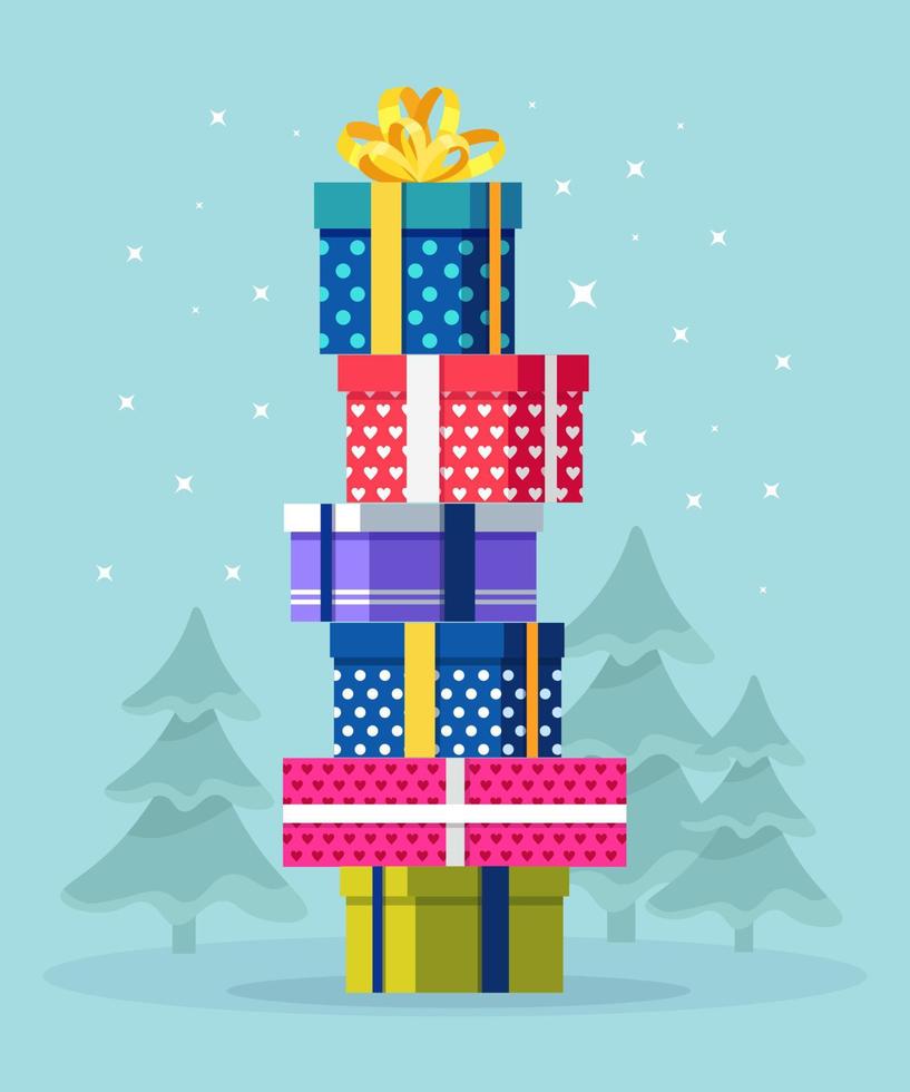 pila, pila de cajas de regalo envueltas en colores, regalos con cinta, lazo. feliz navidad, año nuevo vector