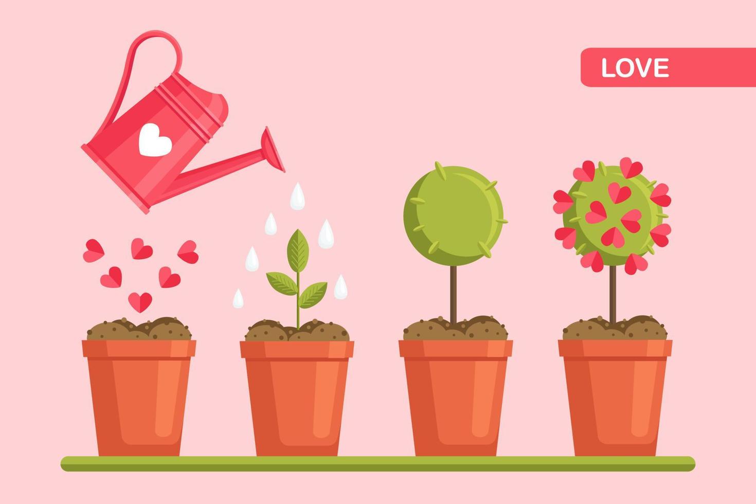 Growing love concept. Watering plant with heart shaped seed. Happy valentines day vector