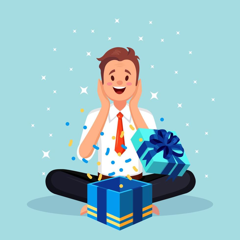 Surprised happy man with open gift vector