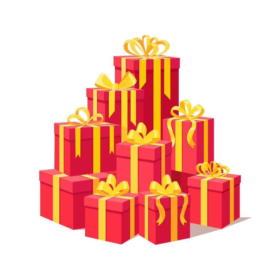 Big pile of gift box, present with ribbon, bow isolated on background. Stack of holiday presents. Christmas shopping concept. Surprise for anniversary, birthday, wedding vector