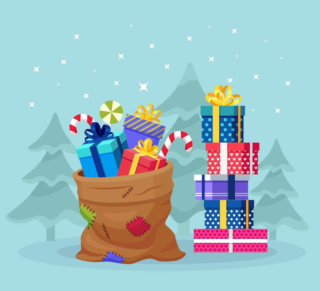 bolsa de santa claus con pila, pila de caja de regalo de envoltura. saco de navidad lleno de paquete de regalos, dulces. venta de navidad, concepto de feliz año nuevo vector