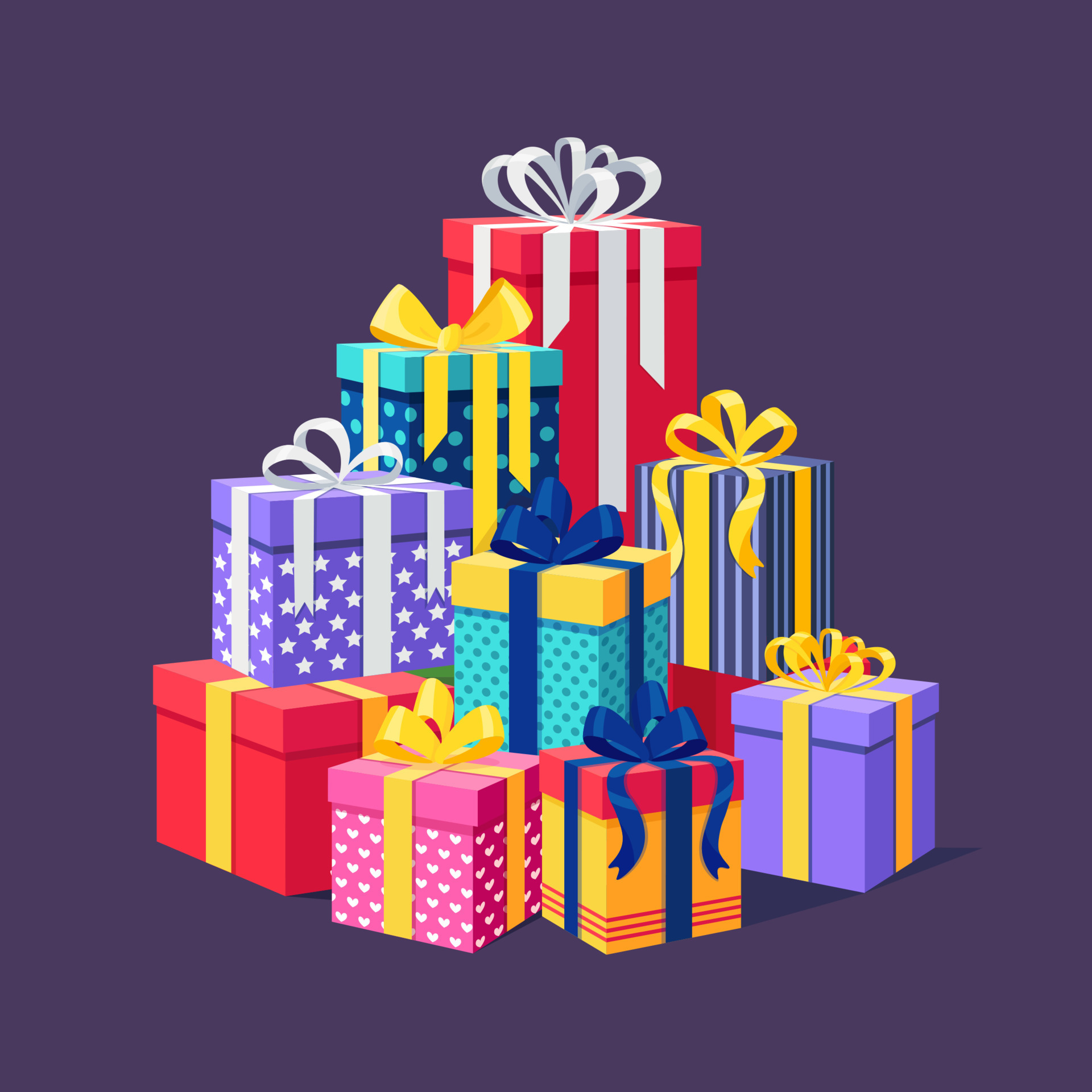Big pile of gift box, present with ribbon, bow isolated on background