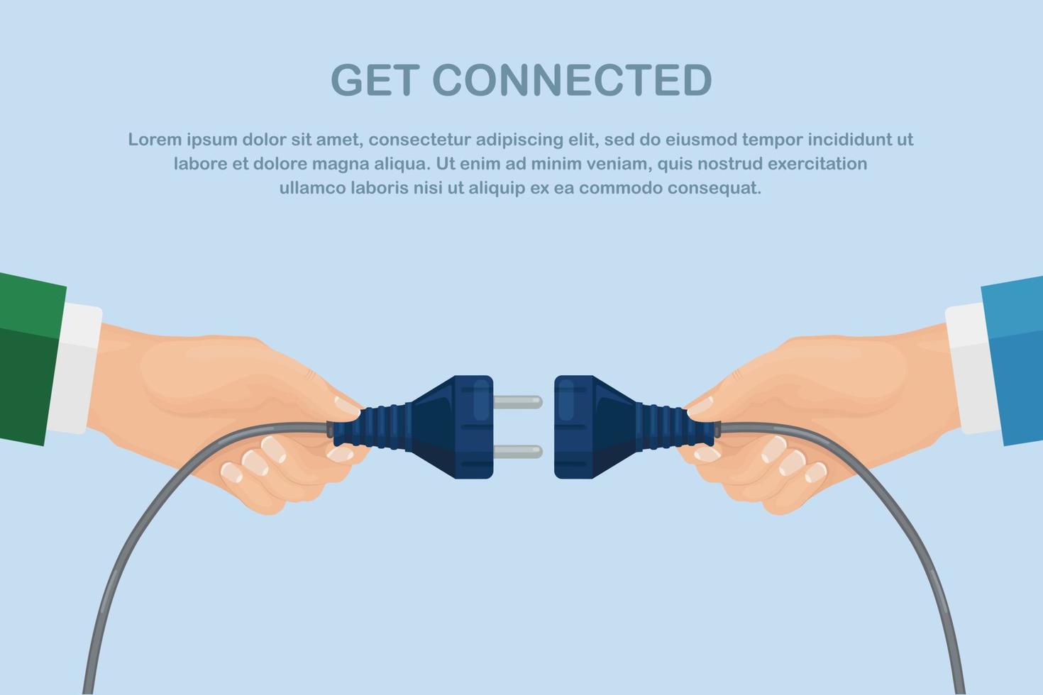 Businessman trying to connect electric plug with socket. Connection, teamwork concept. Get connected vector