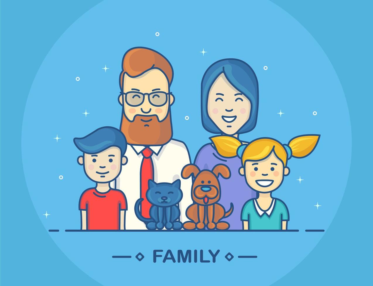 familia divertida. madre, padre, hermano y hermana, perro y gato. vector