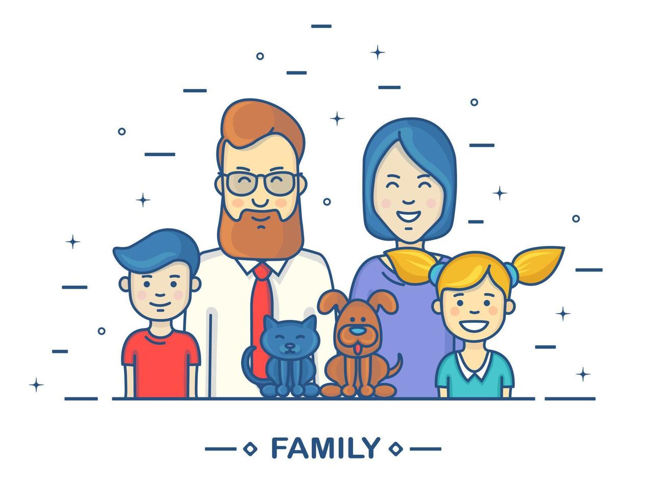Happy family. Mother, father and children, pets vector