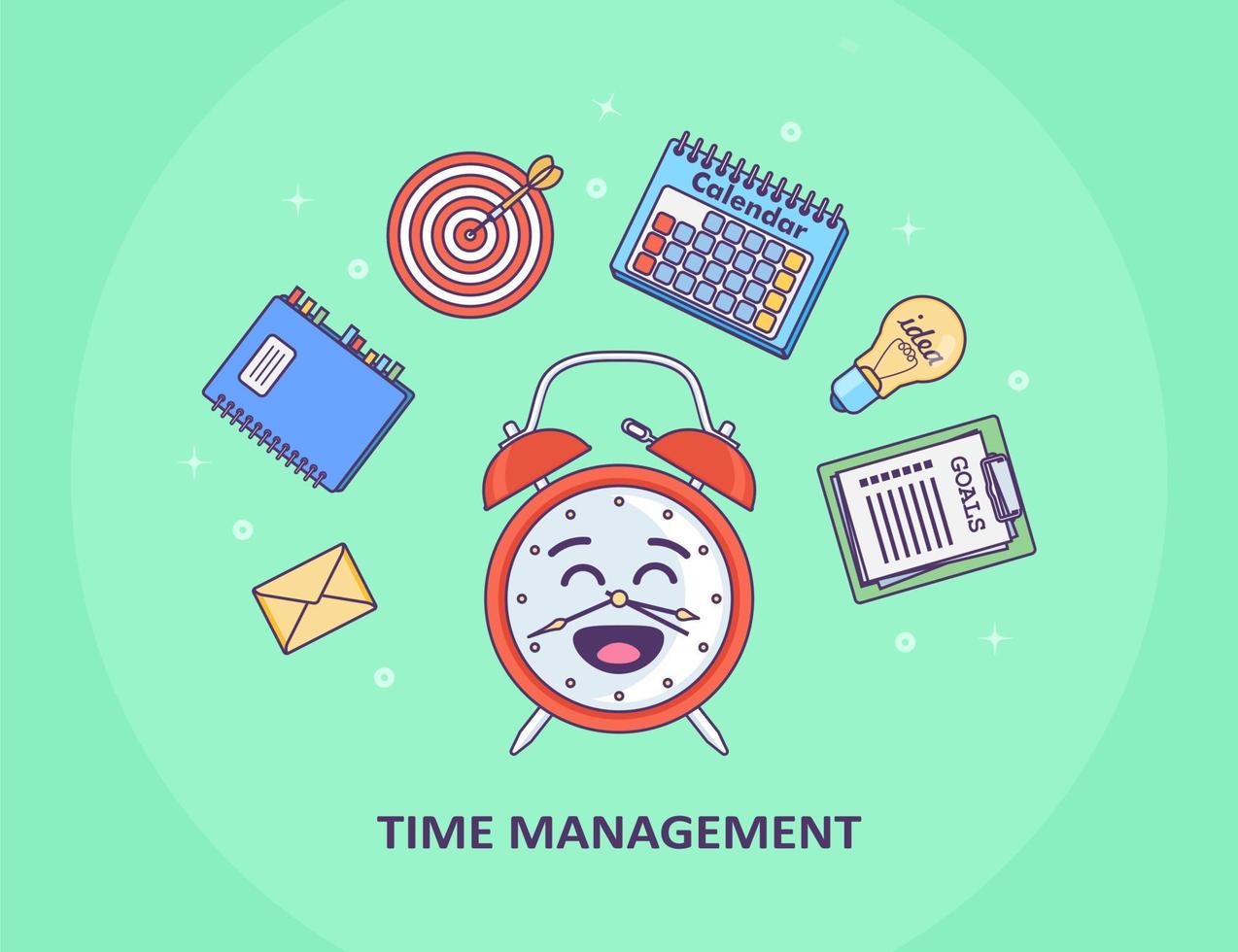 Time management concept. Planning, organization of working day. Funny Alarm clock, diary, calendar, to do list vector