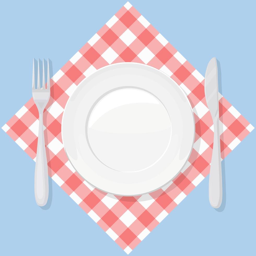 Empty plate, knife and fork on red checked cloth. Restaurant serve vector