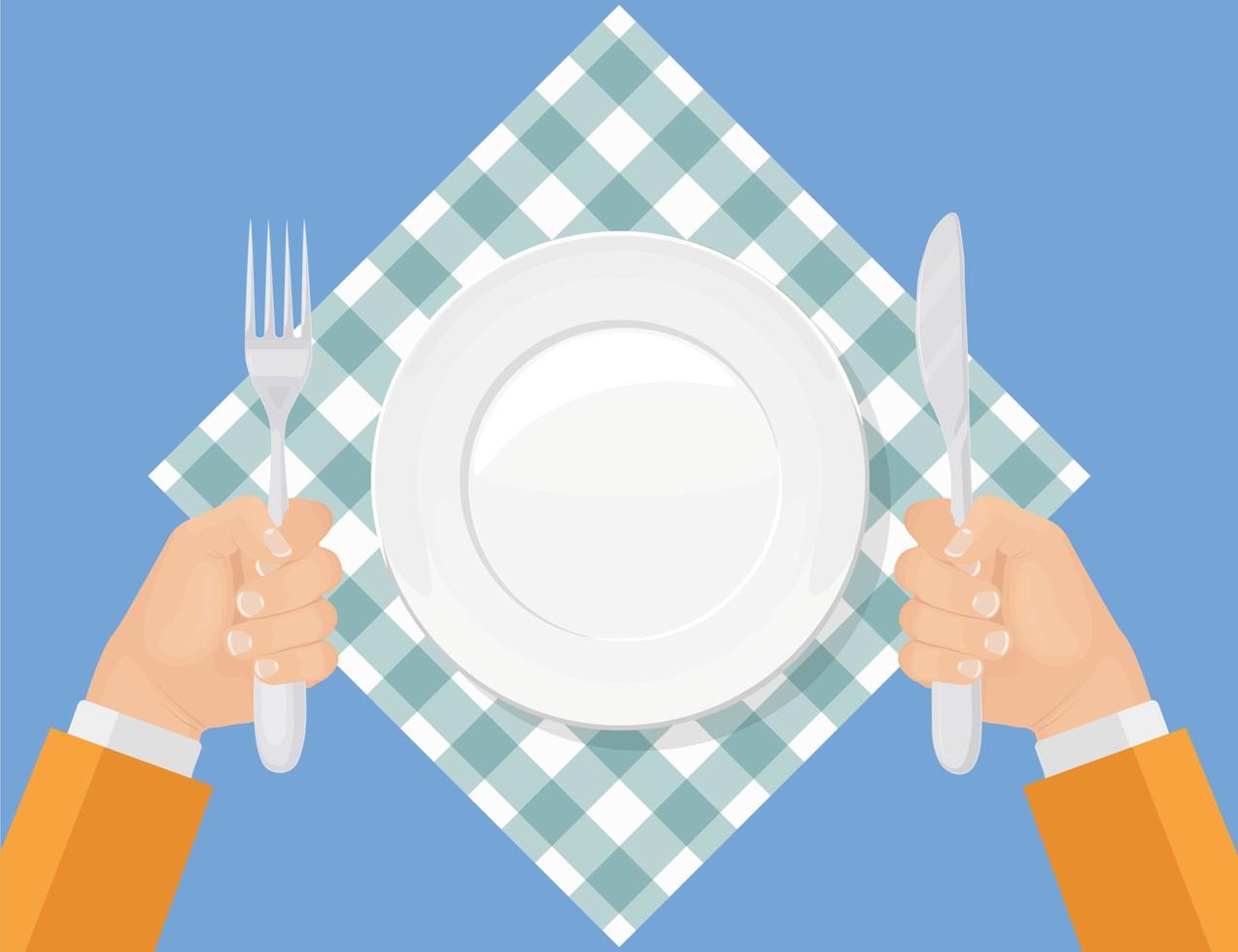 Hungry man holding knife and fork. Empty plate on red checked cloth. Restaurant serve vector