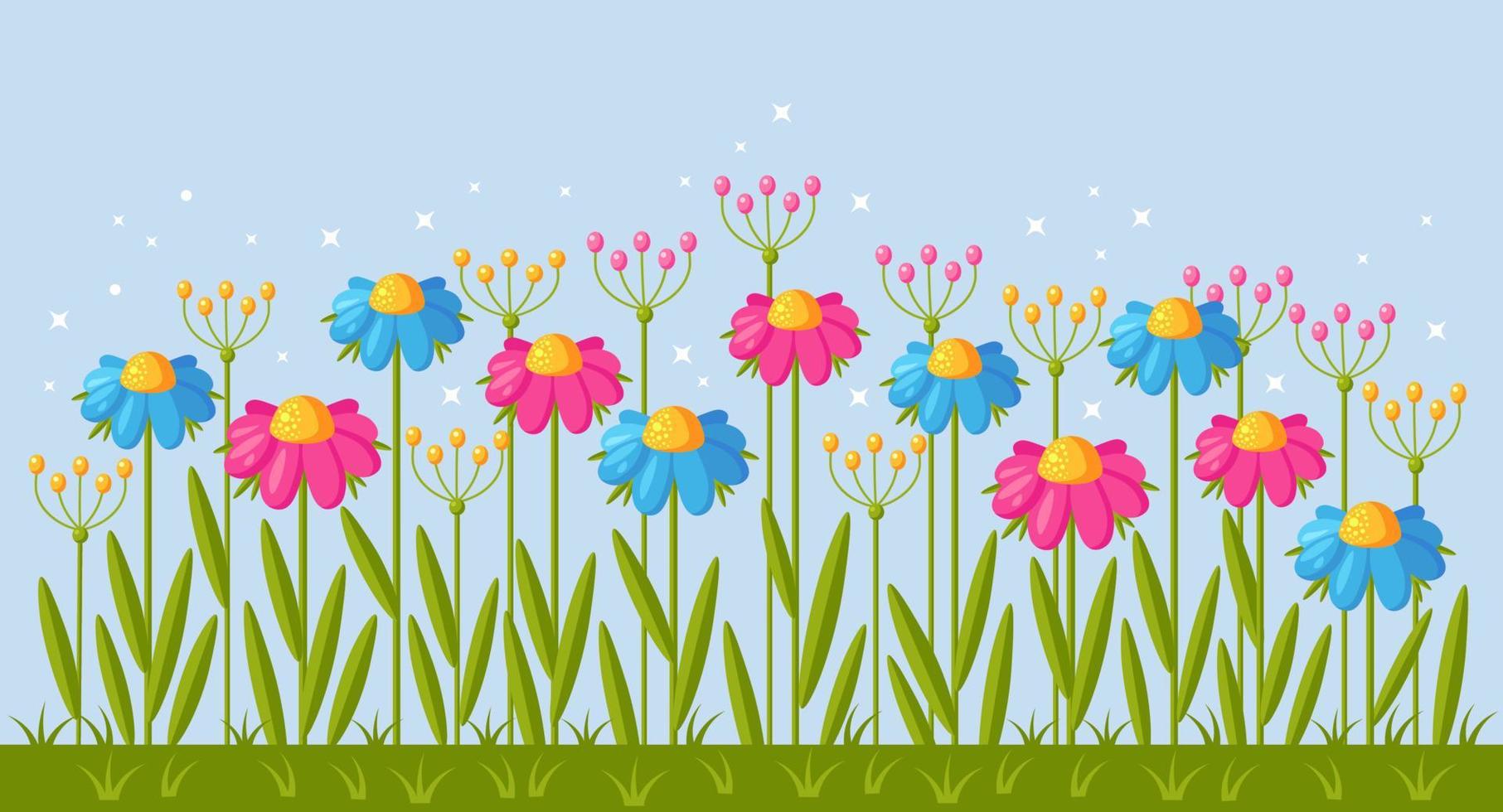 Summer or spring flower in green garden grass. Floral borders for greeting card. Vector cartoon design