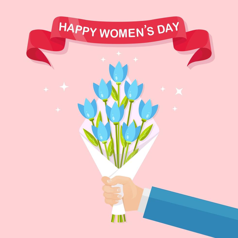 Human hand holding bouquets or bunches of blooming flowers. Floral decorative design elements. International Women's Day. Gift for March 8 vector