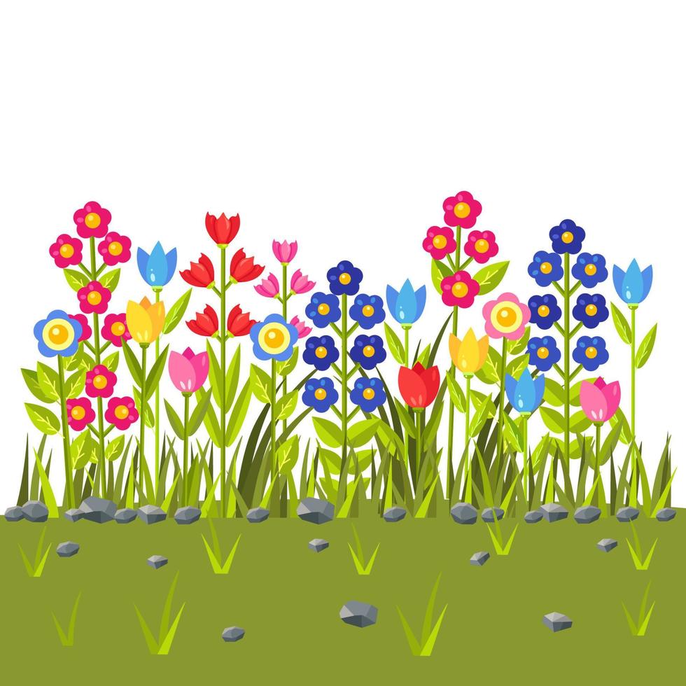 campo de flores con flores de colores. borde de hierba verde. escena de primavera vector