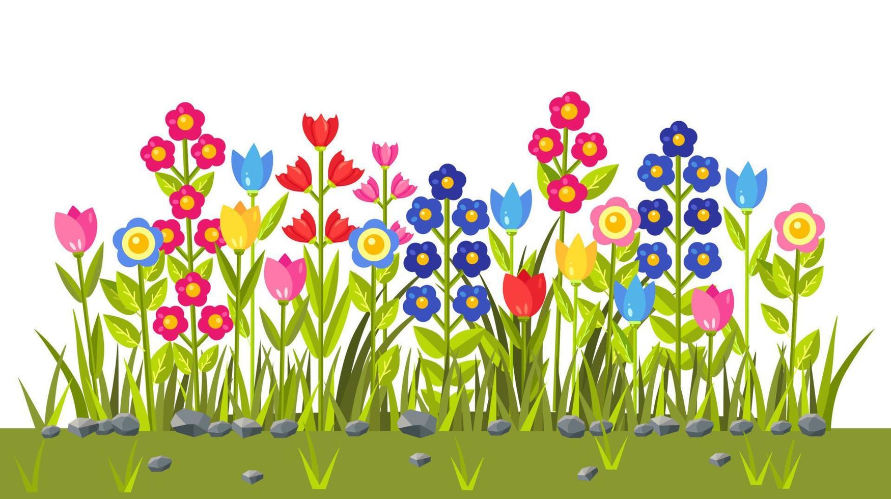 campo de flores con flores de colores. borde de hierba verde. escena de primavera vector