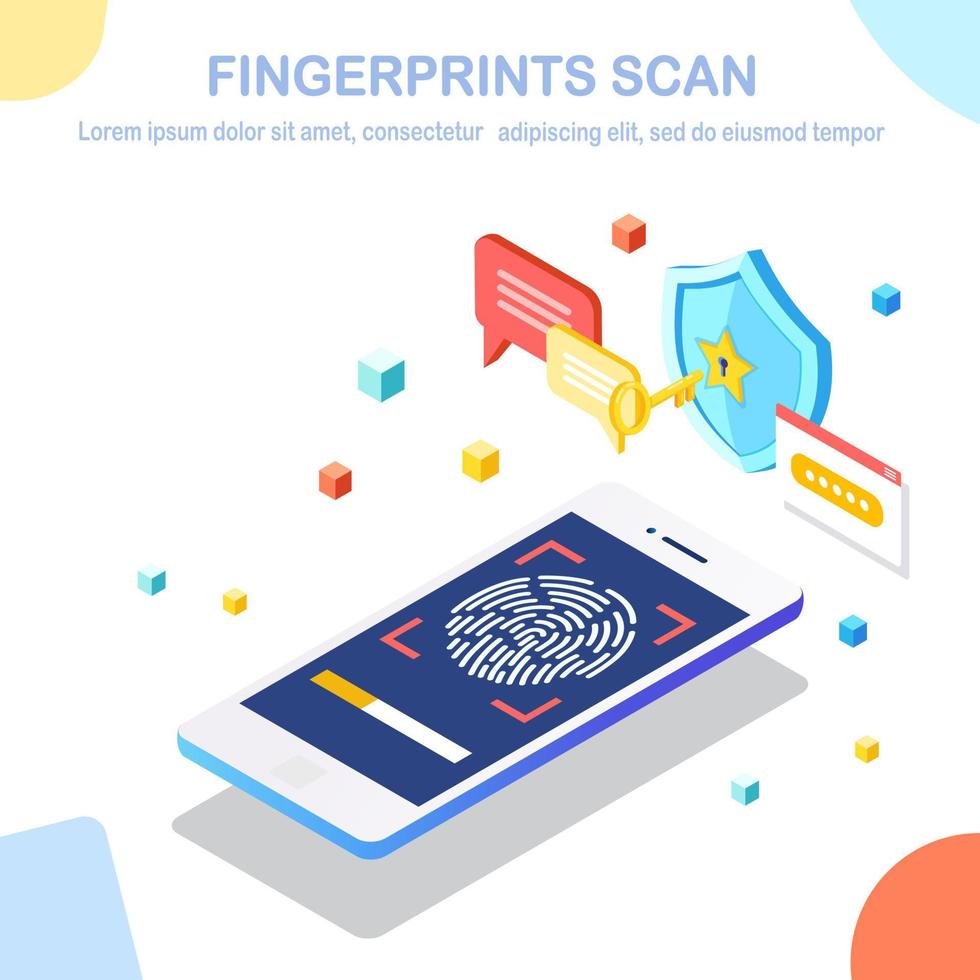 Fingerprint scan to mobile phone. Isometric design vector