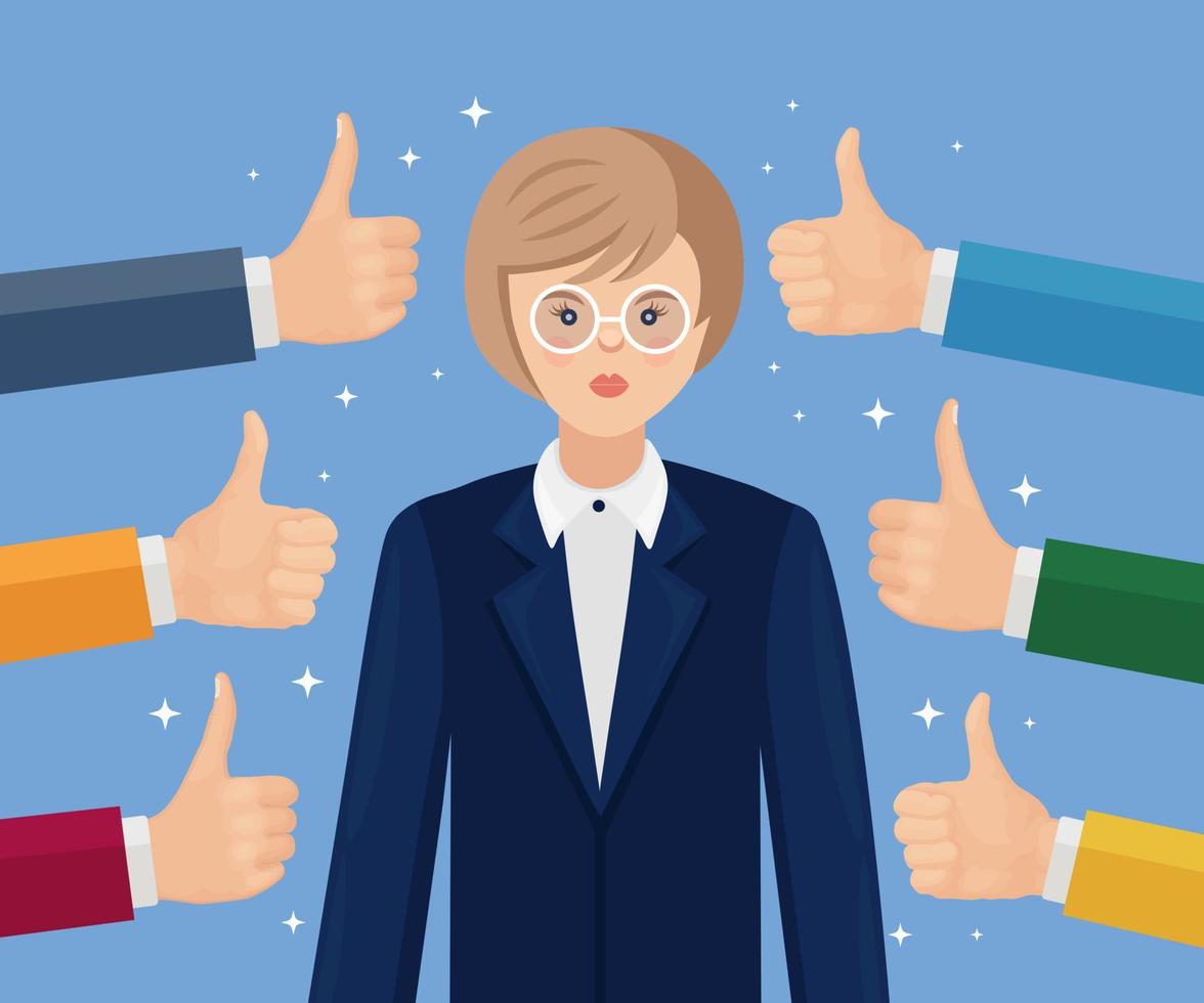 Happy businesswoman and many hands with thumbs up. Positive feedback, success, good review vector