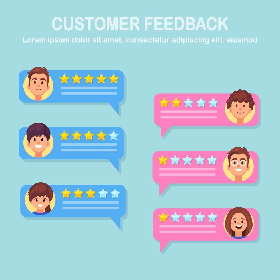 Chat comment concept. Customer feedback. Review rating bubble speeches with stars vector