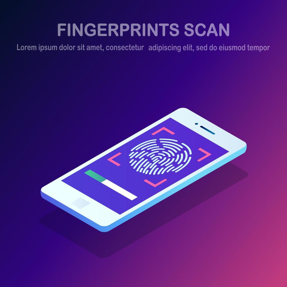 Scan fingerprint to mobile phone. Smartphone id security system. Isometric cellphone vector