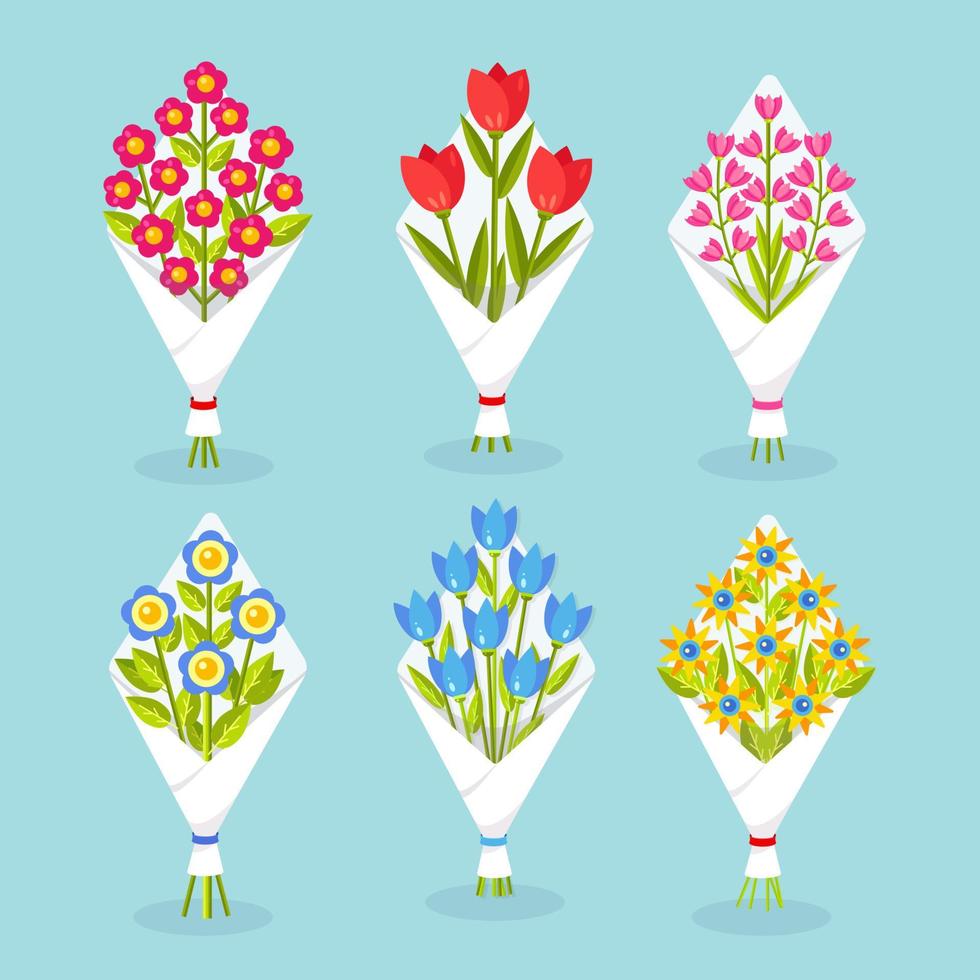 Set of bouquets or bunches of blooming flowers. Floral decorative design elements. International Women's Day. Gift for March 8 vector