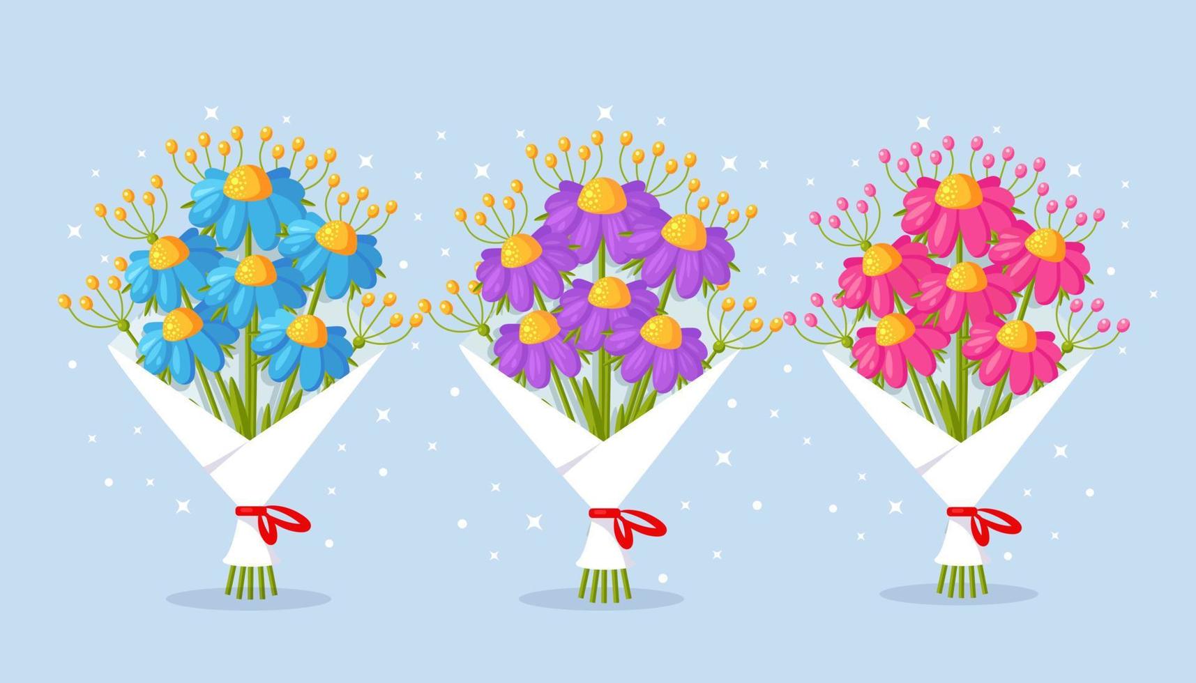 conjunto de hermoso ramo. ramo de flores para regalo. diseño de dibujos animados para tarjeta de felicitación vector