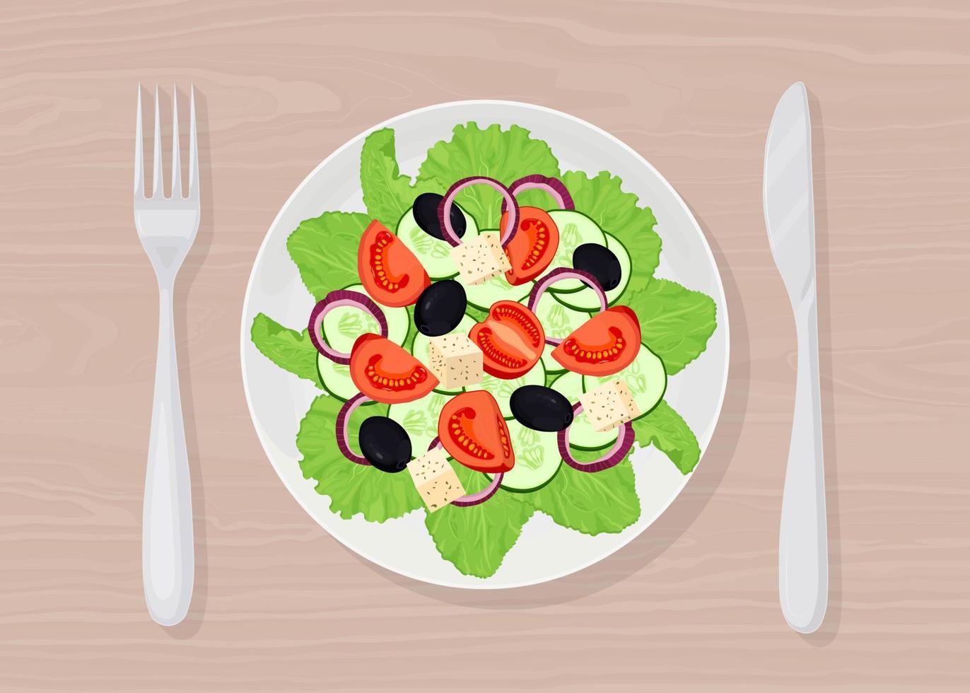 Greek salad with feta, tomatoes, olives, green lettuce leaves top view. Plate with fork, knife vector