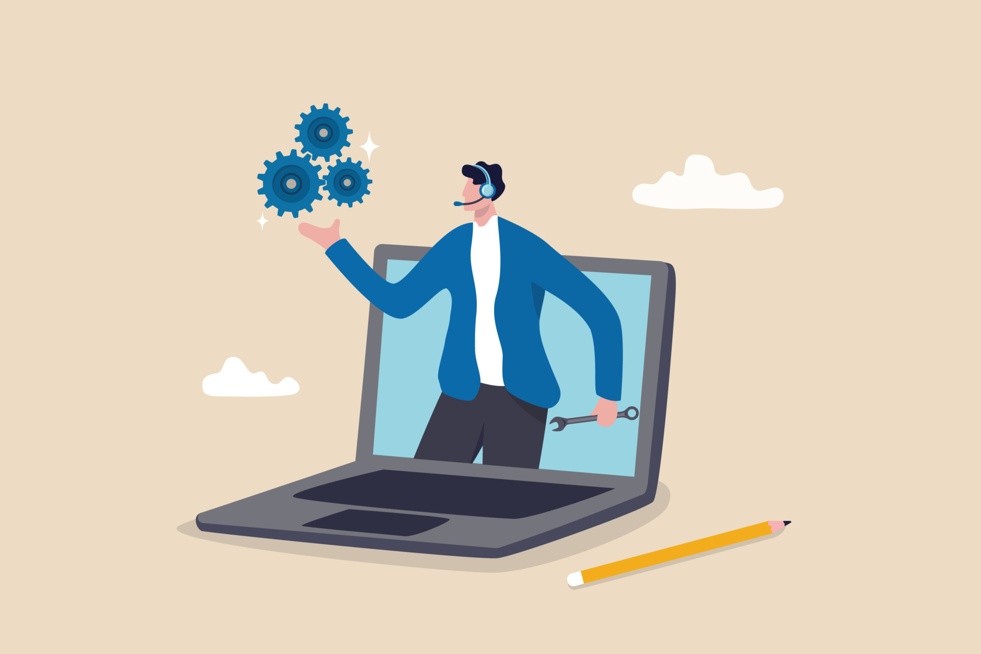 Support staff help fixing technical problem, help desk or operator with