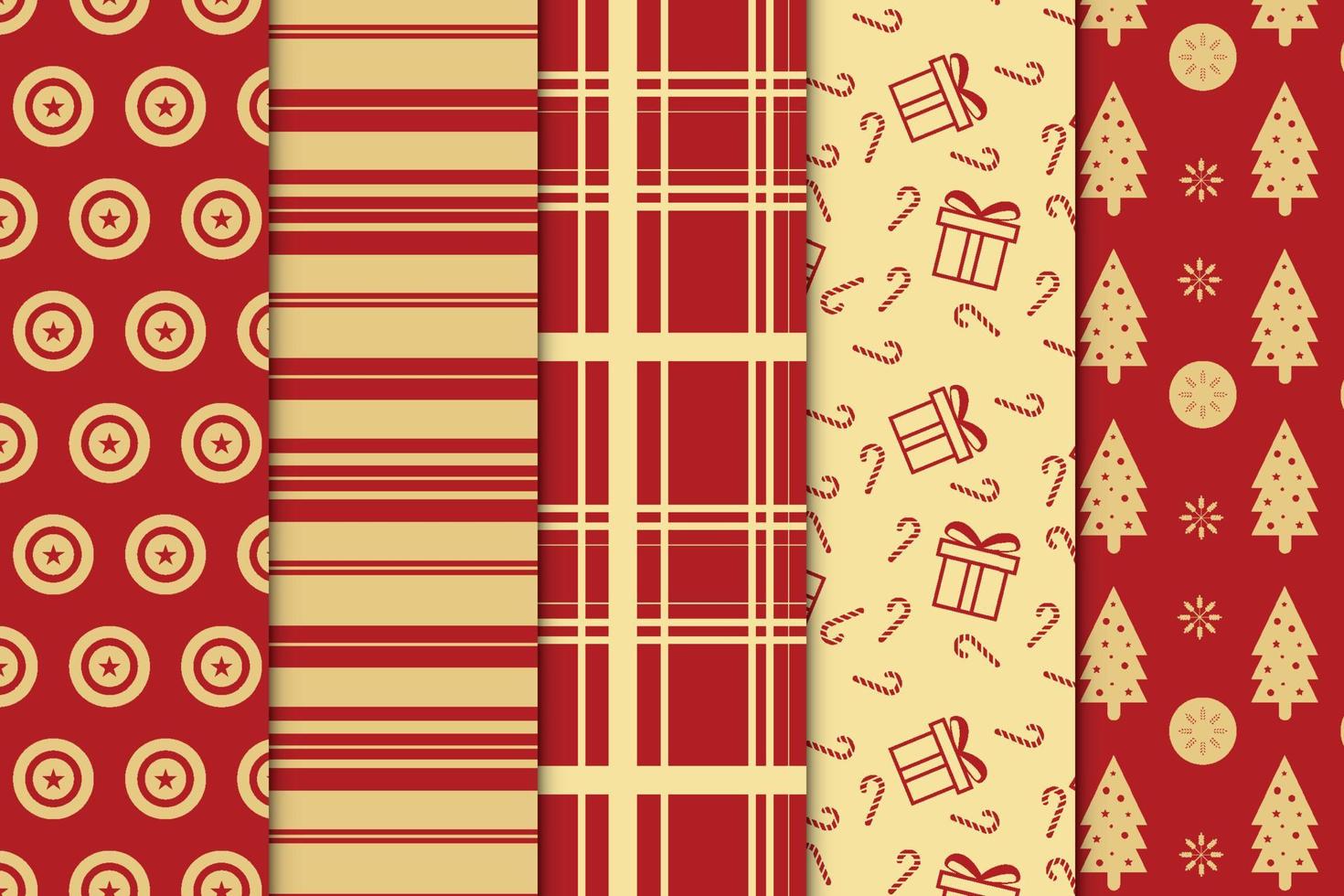 colección de patrones navideños antiguos con fondos dorados y rojos. paquete de patrones navideños de estilo retro con pino e íconos de regalo. diseño de patrones sin fisuras de Navidad con rayas doradas. vector