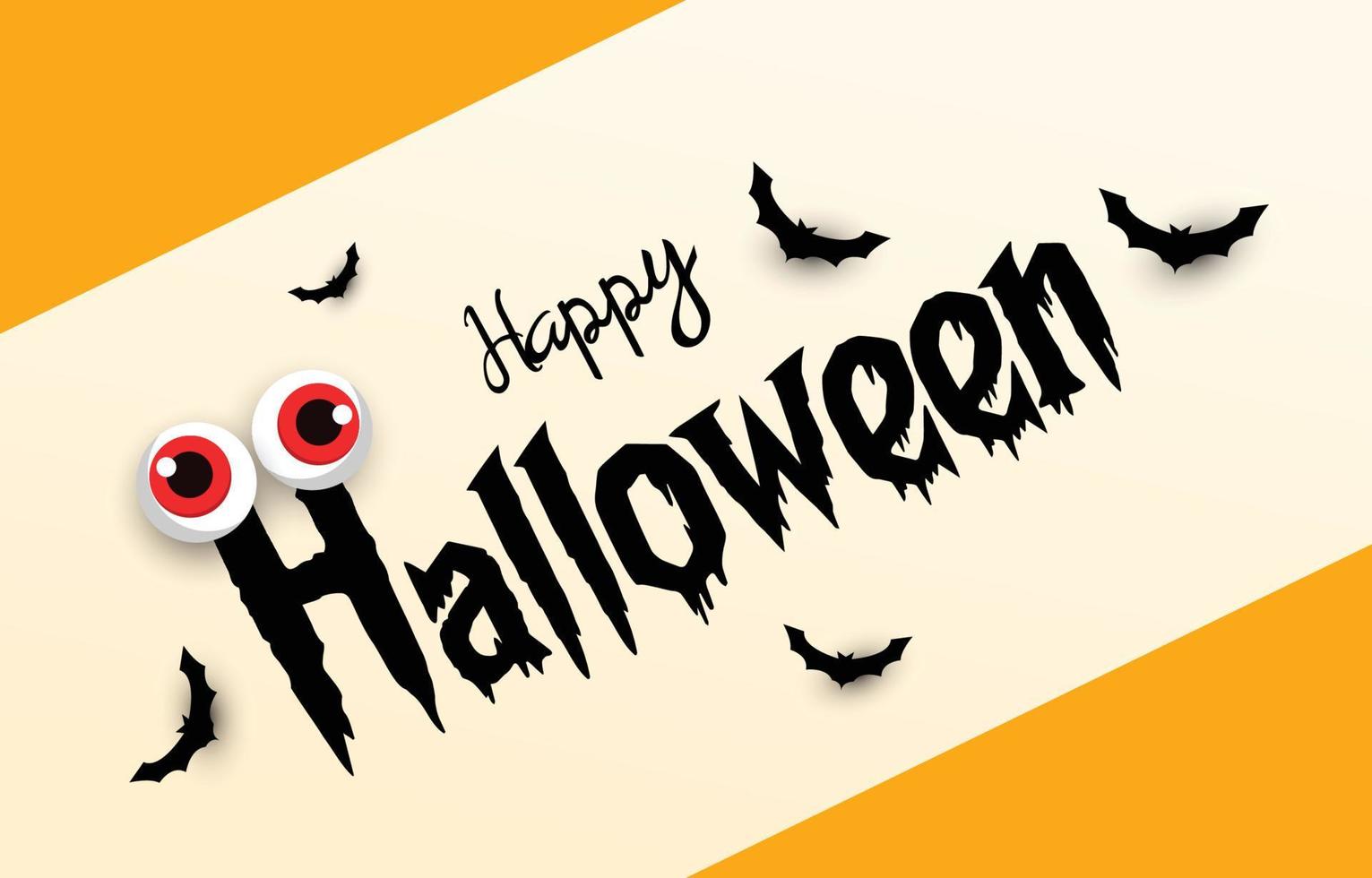 Halloween greeting card. Art letters decorated with eyeball ghosts and bats. Invitation card idea or gift giving away ghost. vector illustration background