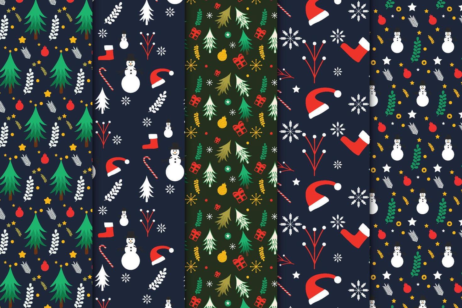 paquete de patrones sin fisuras de navidad con fondos oscuros. el patrón abstracto establece la decoración con elementos navideños y muñecos de nieve. colección mínima de patrones navideños con pinos y sombreros de santa. vector