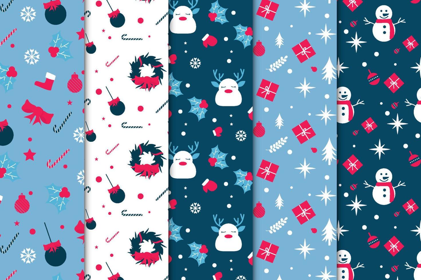 Christmas decoration pattern bundle with blue and white backgrounds. Xmas cute pattern collection for wrapping papers and book covers. Christmas minimal pattern vector with decoration balls and gifts.