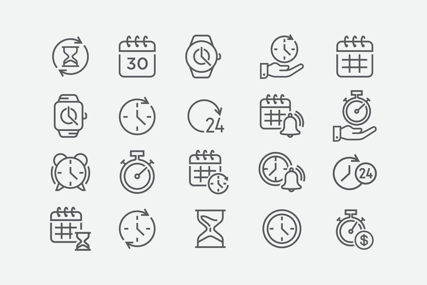 conjunto de iconos lineales de vector de tiempo y reloj. temporizador, alarma, calendario, hora, cronómetro, reloj de arena y más. colección de iconos de tiempo. ilustración vectorial