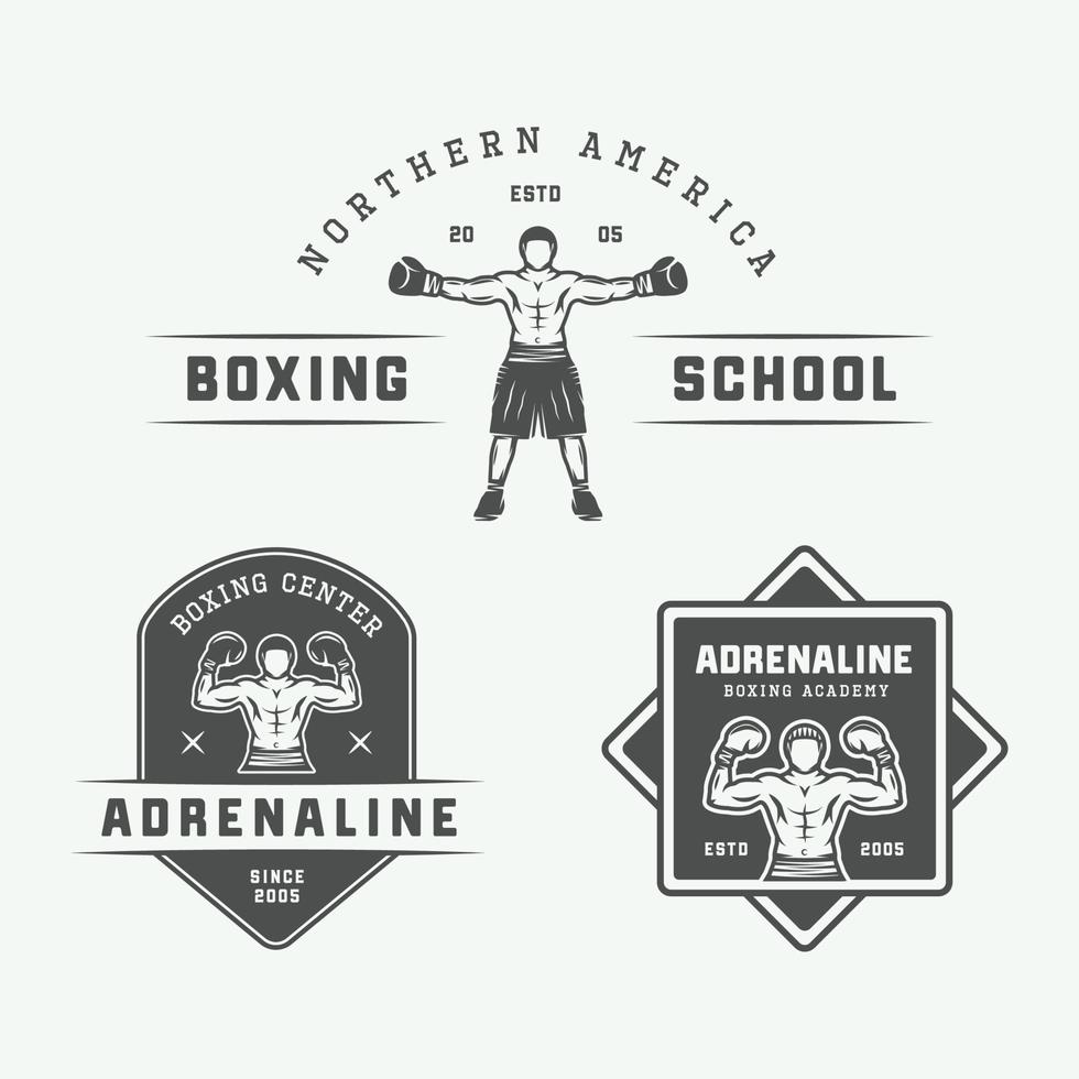 Set of vintage boxing and martial arts logo badges and labels in retro style. Monochrome graphic Art. Illustration vector