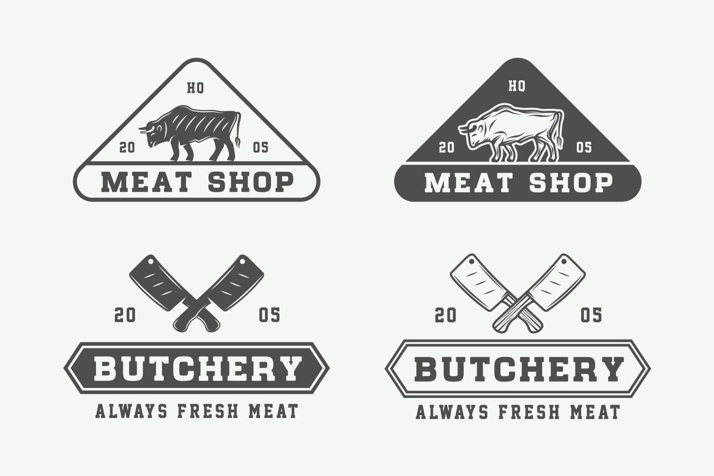 Set of vintage butchery meat, steak or bbq logos, emblems, badges, labels. Graphic Art. Illustration. vector