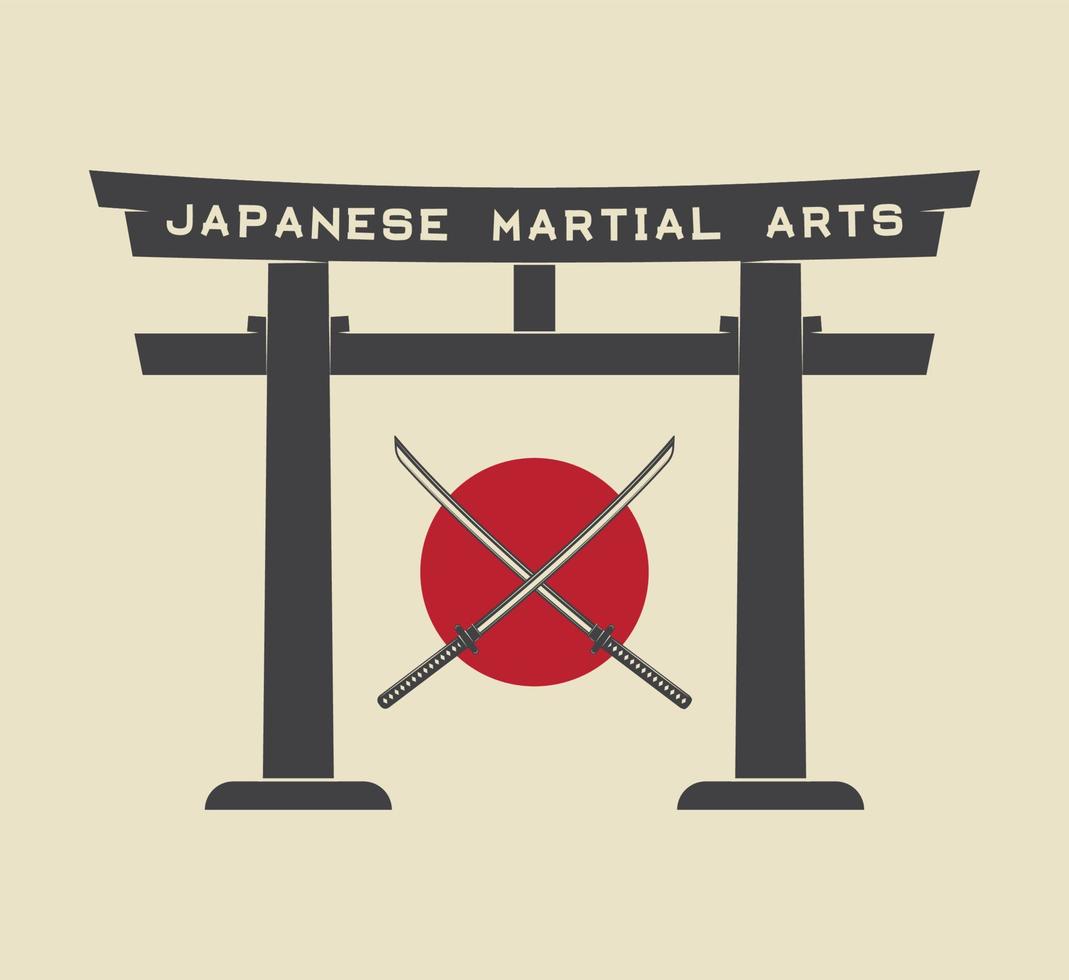 Japanese torii gate with japan flag and katana in vintage style. Vector Illustration