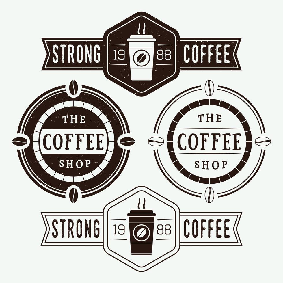 Set of vintage coffee logos, labels and emblems with cup, dish and grains vector