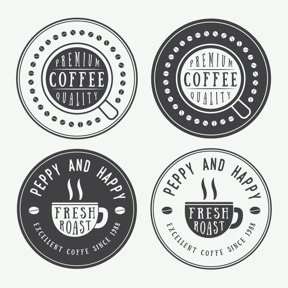 Set of vintage coffee logos, labels and emblems with cup, dish and grains vector
