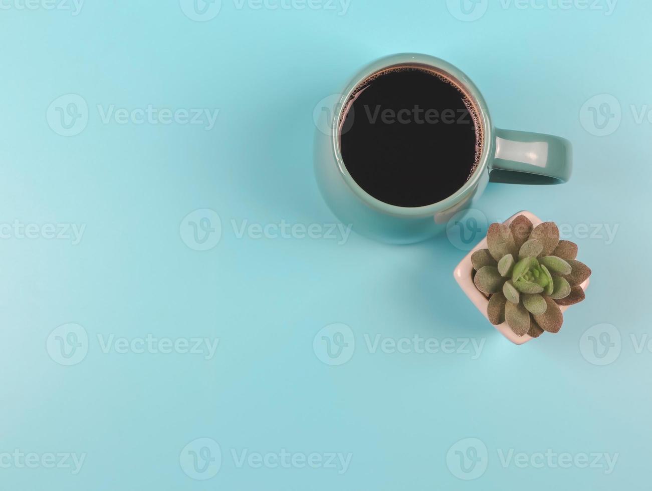 endecha plana de taza azul de café negro y maceta suculenta o cactus sobre fondo azul. foto