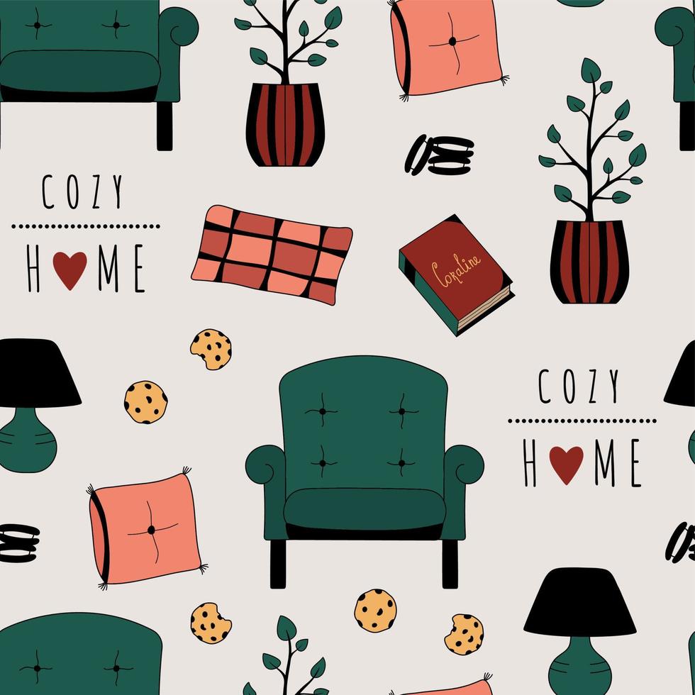 Cozy home seamless pattern. Hand drawn print with armchair, pillows, cookies, lamp. Interior items doodle background vector