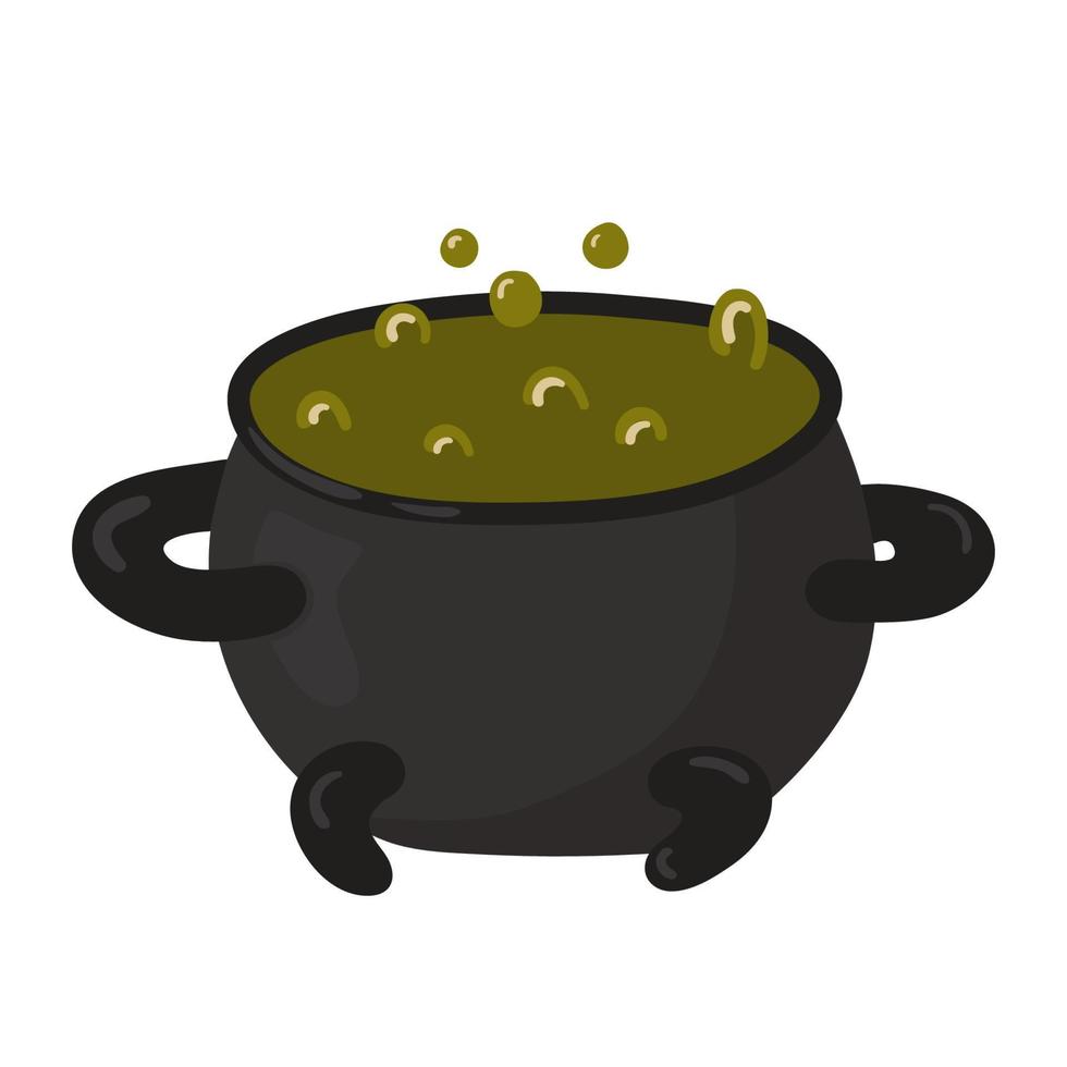 Witch's cauldron with green bubbling potion. Magic liquid. Witchcraft symbol. Dark boiling cauldron. Traditional Halloween element. Vector illustration.