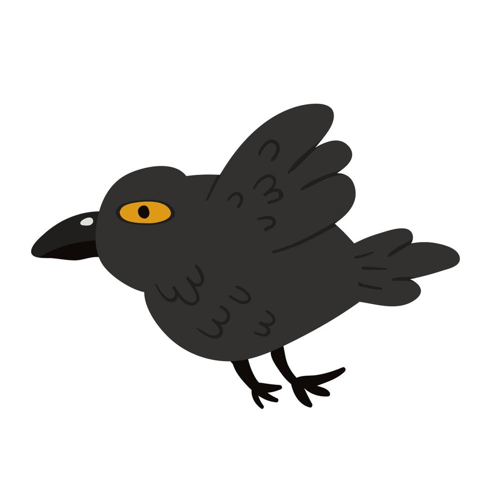 Black Raven or Crow bird. Side view. Cartoon style, flat design. Halloween, horror vector illustration.