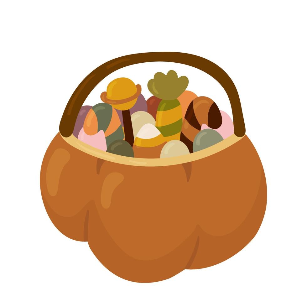 Orange pumpkin candy basket for Halloween. Candy and creepy sweets bag. Vector illustration in flat cartoon style.